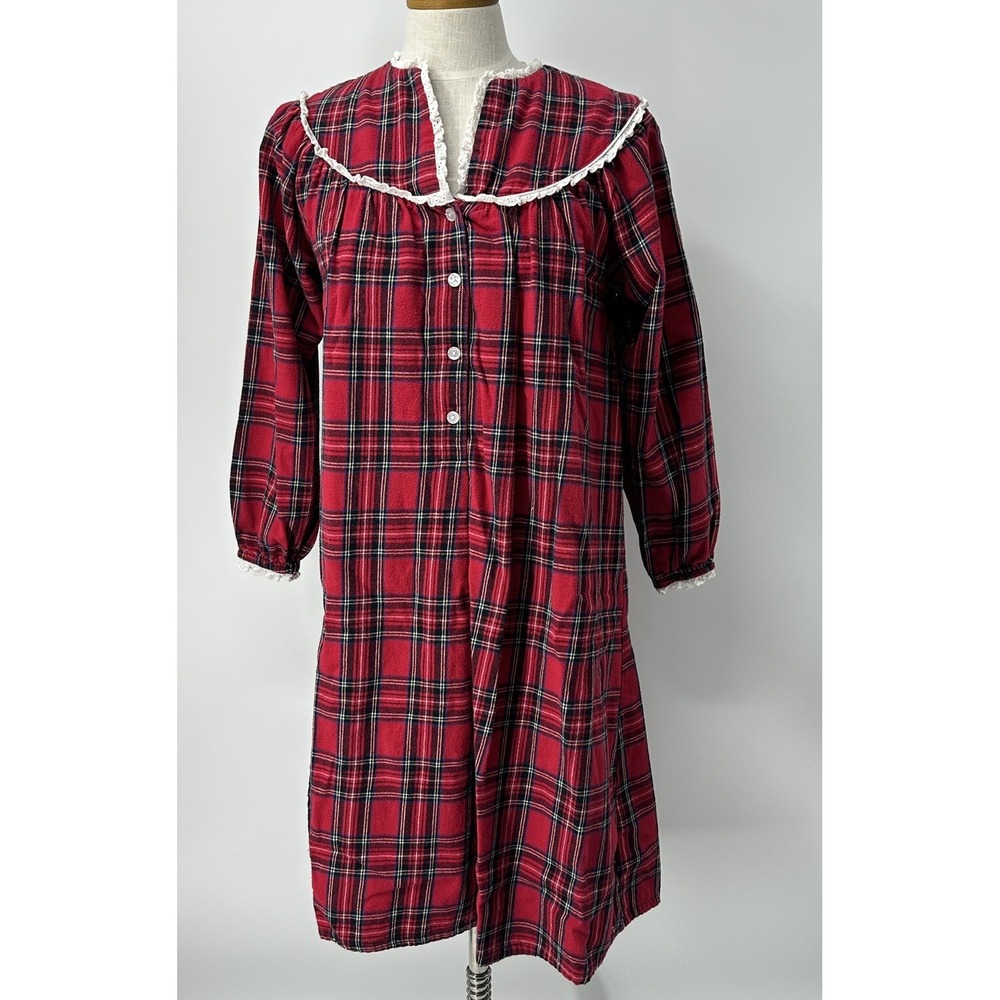 LANZ of Salzburg Nightgown Tyrolean Tartan Lace Flannel Cottagecore Womens S PJ